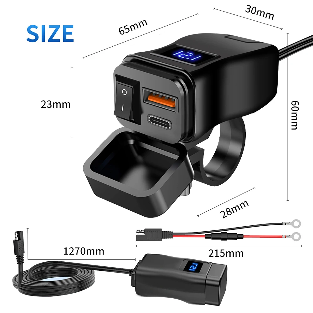 Carregador rápido usb para motocicleta pd qc3.0, 60w, guidão, tomada usb dupla com interruptor, voltímetro, à prova d'água, adaptador de fonte de alimentação 12v