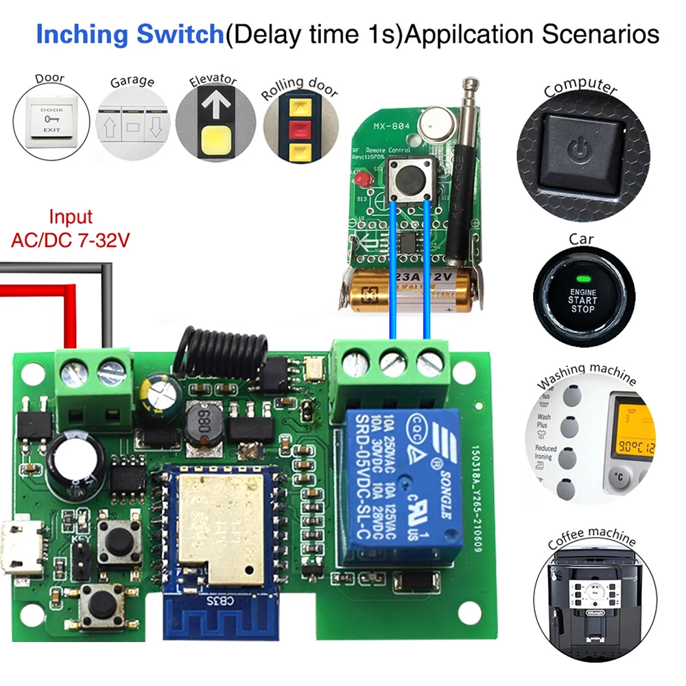 Interruptor inteligente Wifi para puerta de garaje, controlador de 1 canal, 7-32V, 85-250V, receptor 433 RF, abridor de puerta, relé de 10A, funciona con la aplicación Smart Life Tuya