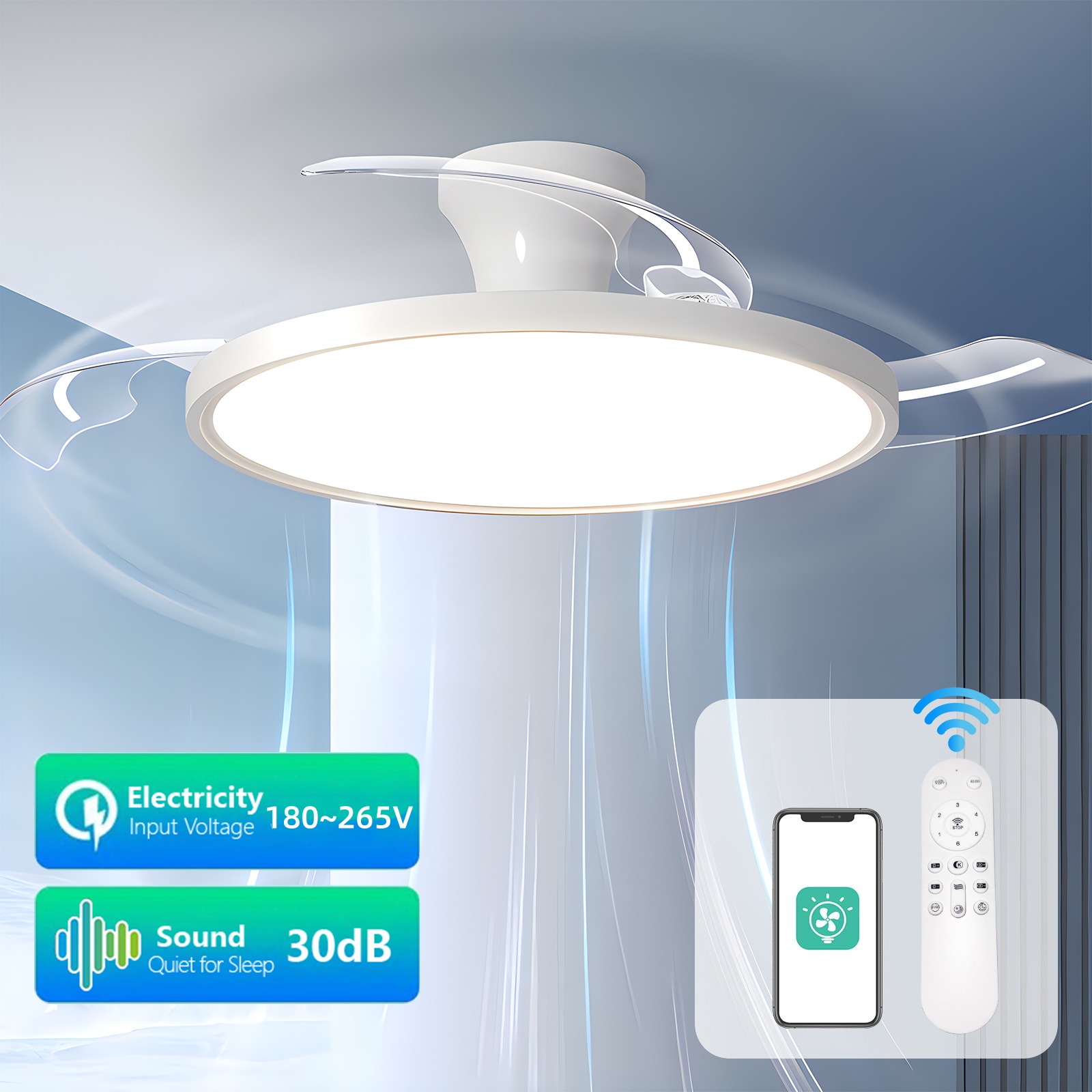 Intelligente Deckenventilatoren mit Lichtern, Fernbedienung, Schlafzimmer-Dekoration, Ventilatorlampe, Luft, unsichtbare Flügel, einziehbare, leise Deckenlampe