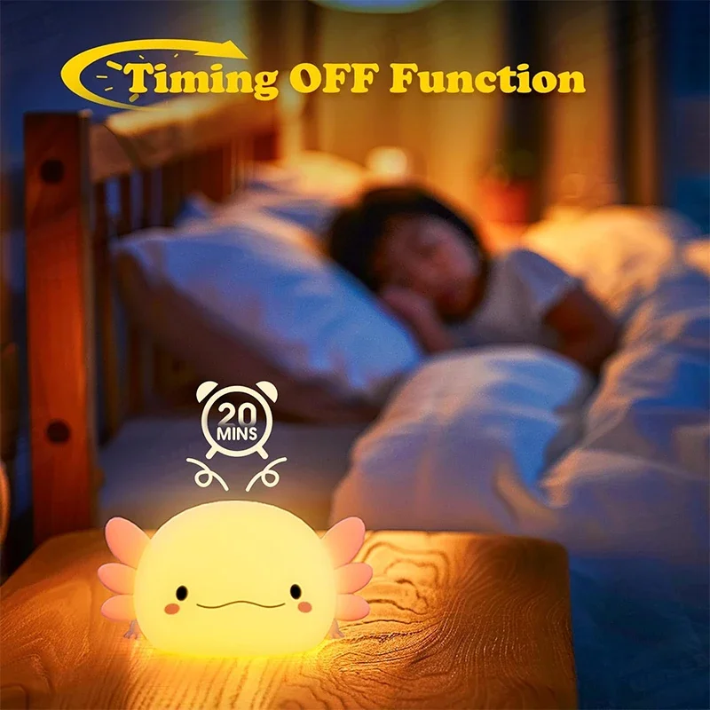 Simpatica lampada da notte Axolotl in silicone per asilo nido, lampada da notte con controllo touch, lampada da tavolo ricaricabile tramite USB per bambino