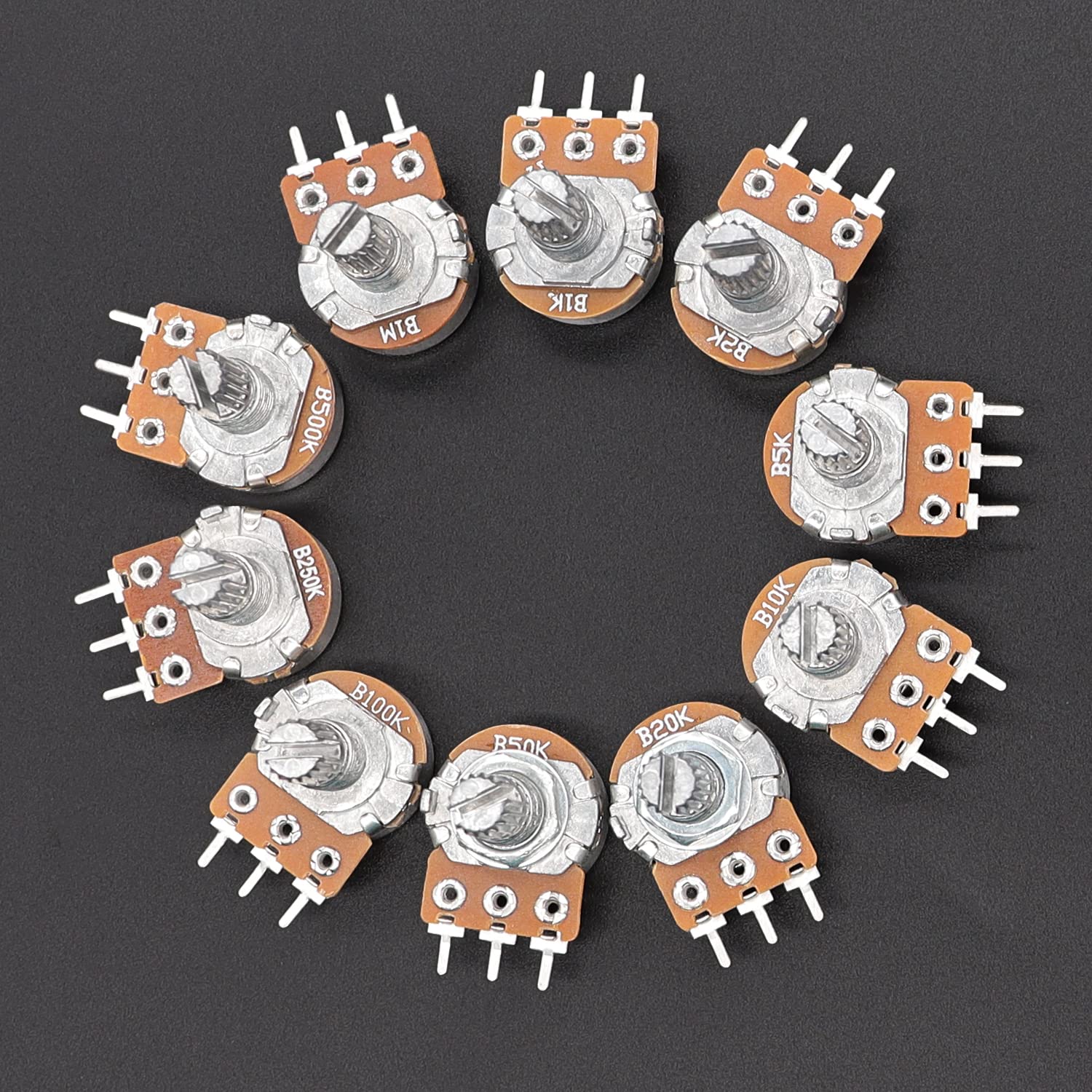 5 Juegos WH148 15mm 3 pines potenciómetro giratorio cónico lineal resistencia 1K 2K 5K 10K 20K 50K 100KΩ Ohm para Arduino con perilla blanca AD2
