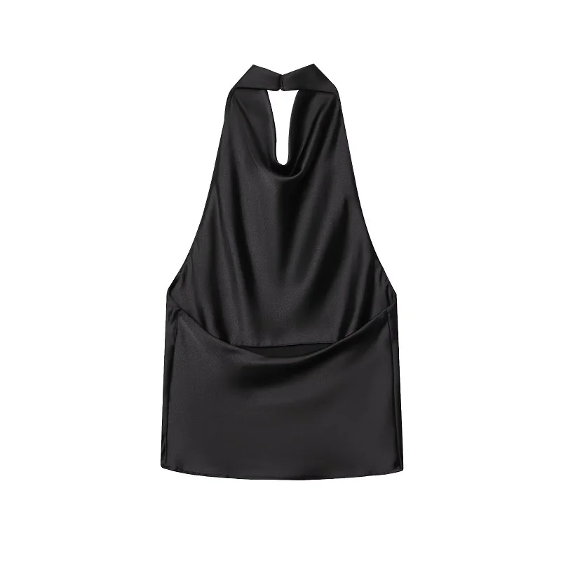 MUJER 2025 Halter Topsผู้หญิงซาตินสีดําBackless Topหญิงสีชมพูฤดูร้อนBeach Topผู้หญิงปิดไหล่Camisole Topผู้หญิง