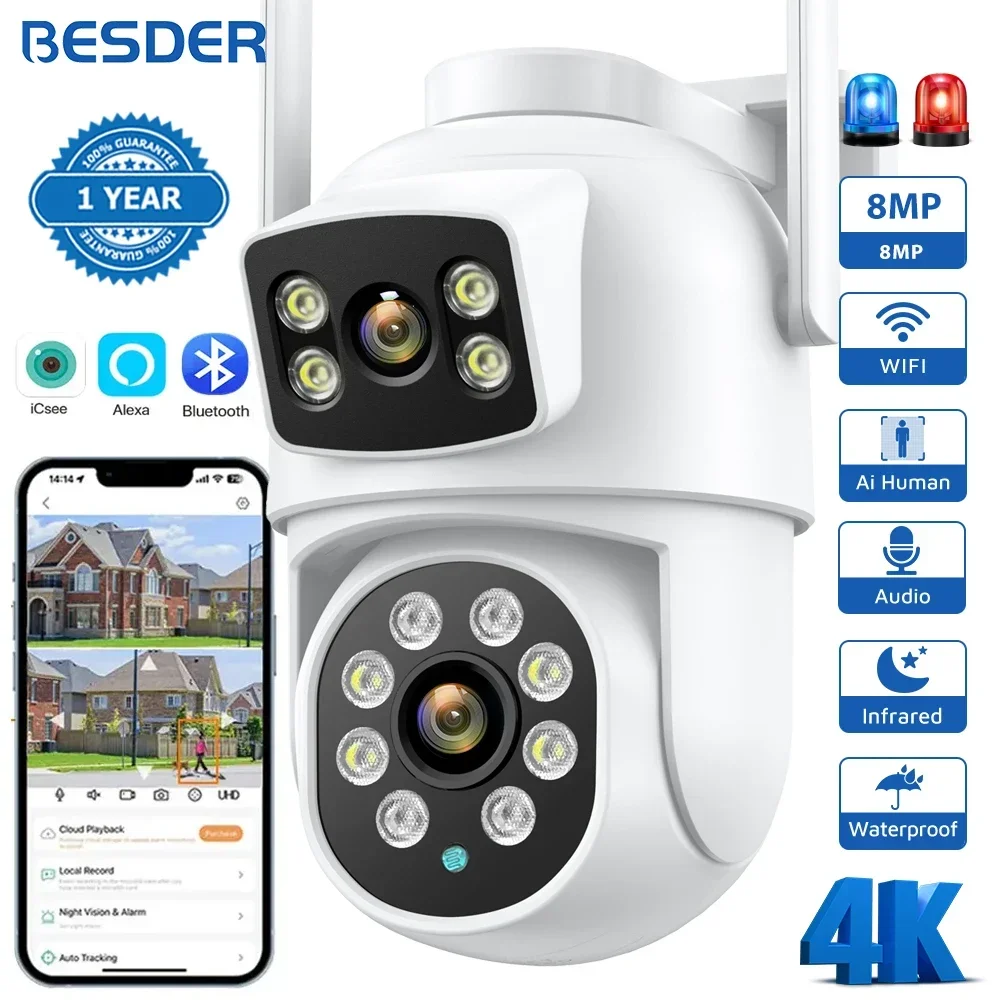 BESDER 4K 8MP Wifi Camera PTZ Outdoor Dual screen rilevamento umano Dual lens 4MP protezione di sicurezza telecamera IP Audio iCSee App