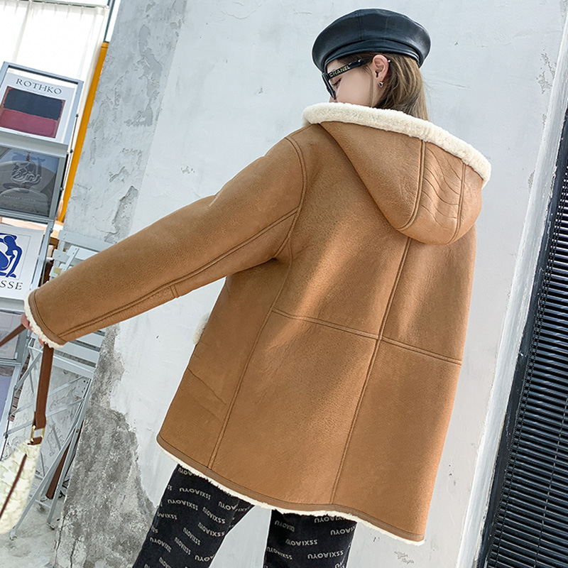 シープスキンレザートップ2022,女性用フード付き毛皮毛皮コート,冬用の暖かい毛皮の裏地付きジャケット,zjn5184