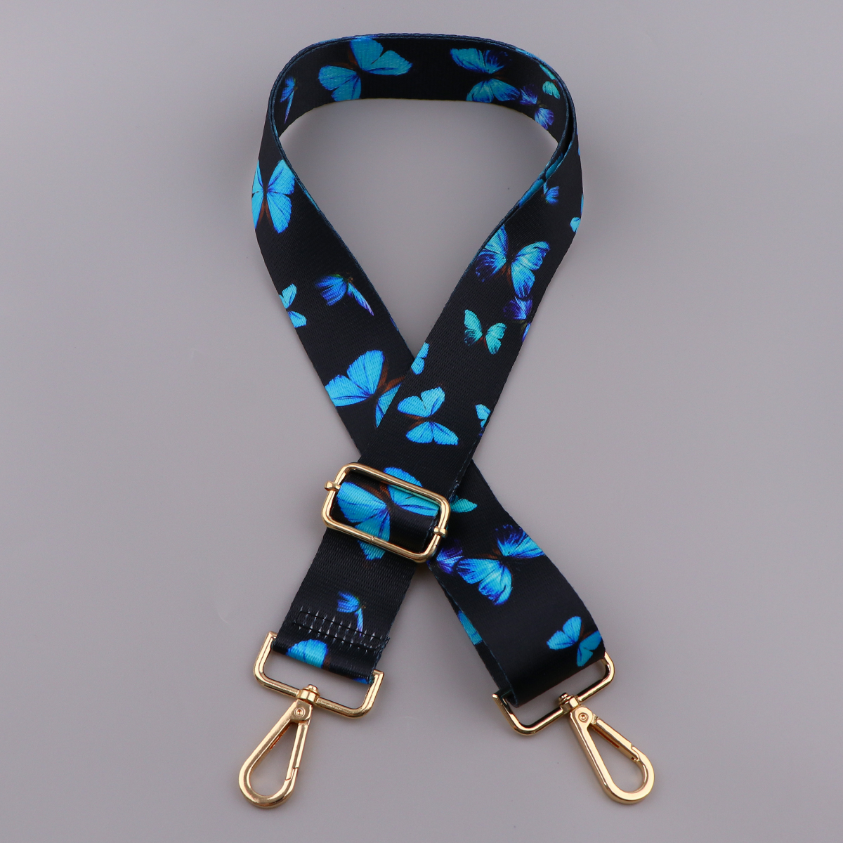 Correa de hombro para mujer, cinturón ancho ajustable, accesorio cruzado de repuesto con hebilla dorada, mariposa azul y luna