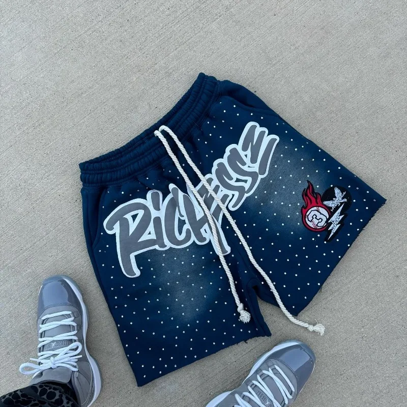 Y2k harajuku shorts masculinos strass carta impressão algodão moletom moda novo hip hop basquete streetwear solto shorts casuais
