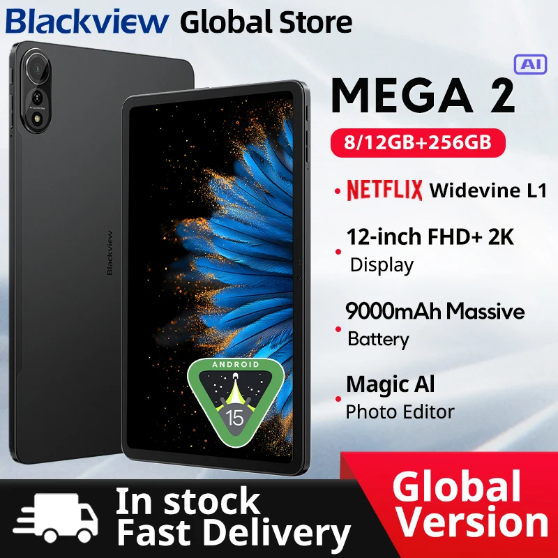2025 novos tablets blackview mega 2 12 polegadas 2k display 8gb/12gb 256gb android 15 octa-core 9000mah widevine l1 pad pc