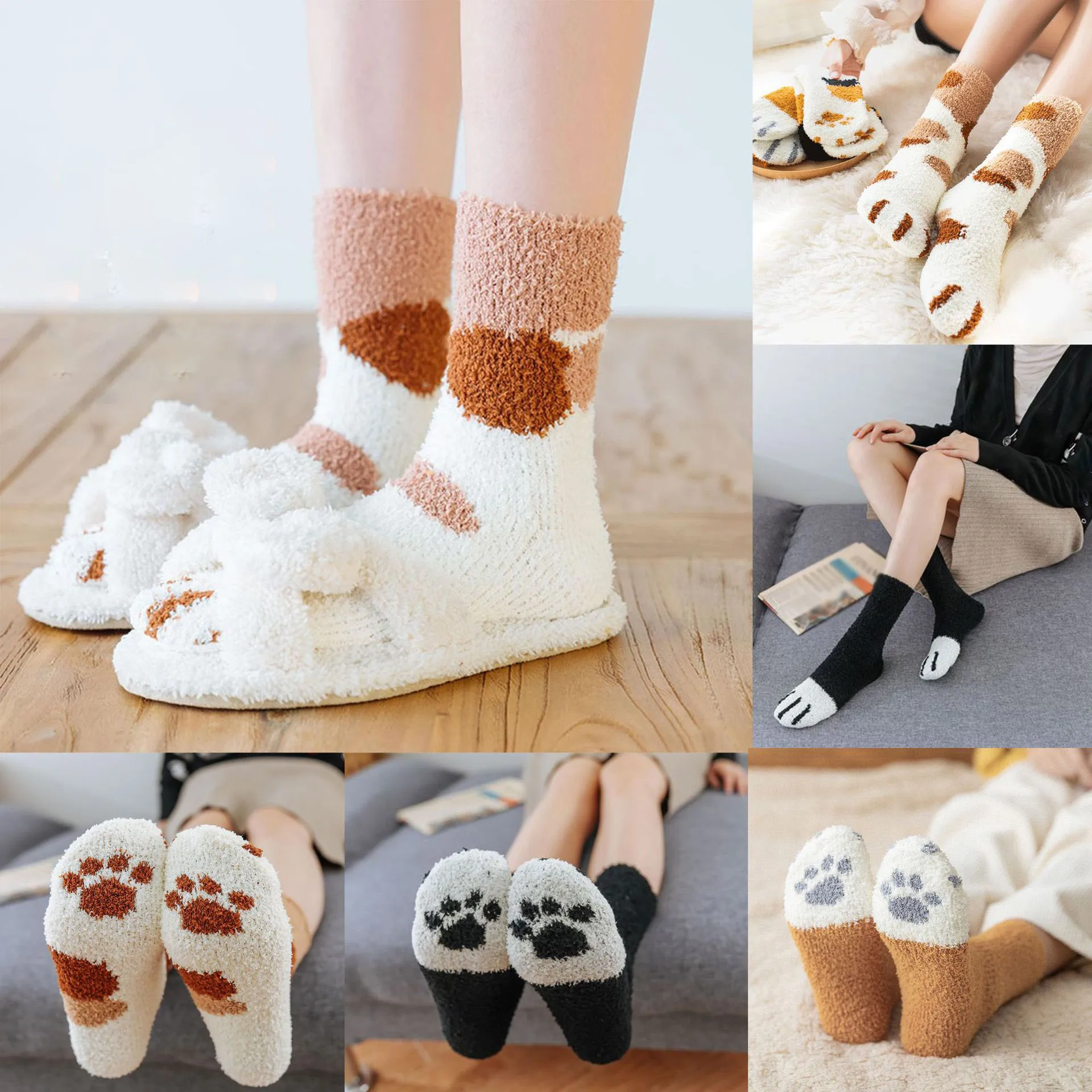 ผู้หญิงฤดูหนาว WARM Fluffy ถุงเท้าสัตว์น่ารัก Claw Cat PAW Footprint Fuzzy ถุงเท้าหญิงหนาขนแกะปะการังชั้น Sleep ถุงเท้า