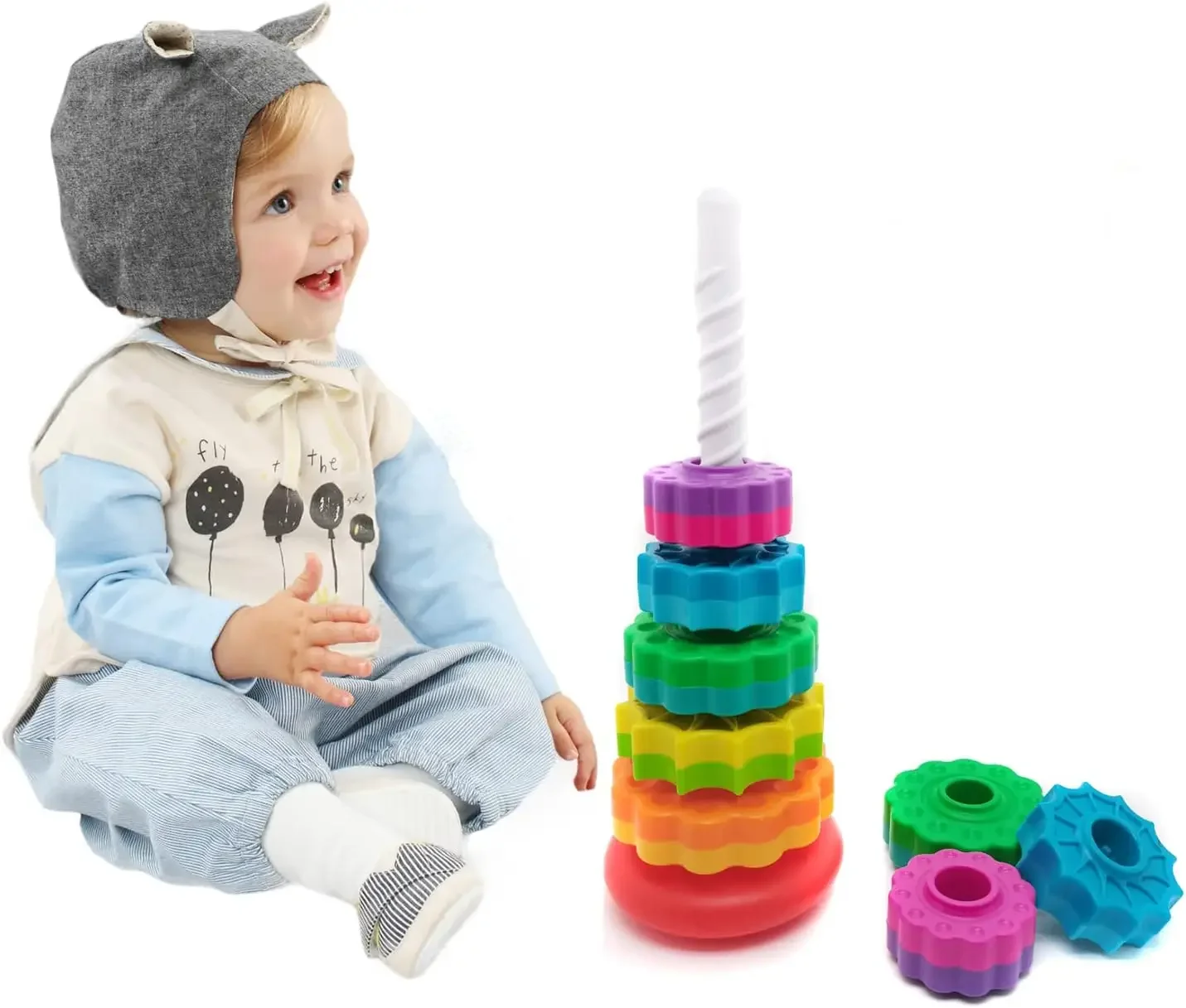 Tour arc-en-ciel rotative Montessori, Puzzle à empiler pour bébé, jouets de sécurité et de Protection de l'environnement, jouets colorés pour enfants, garçons et filles