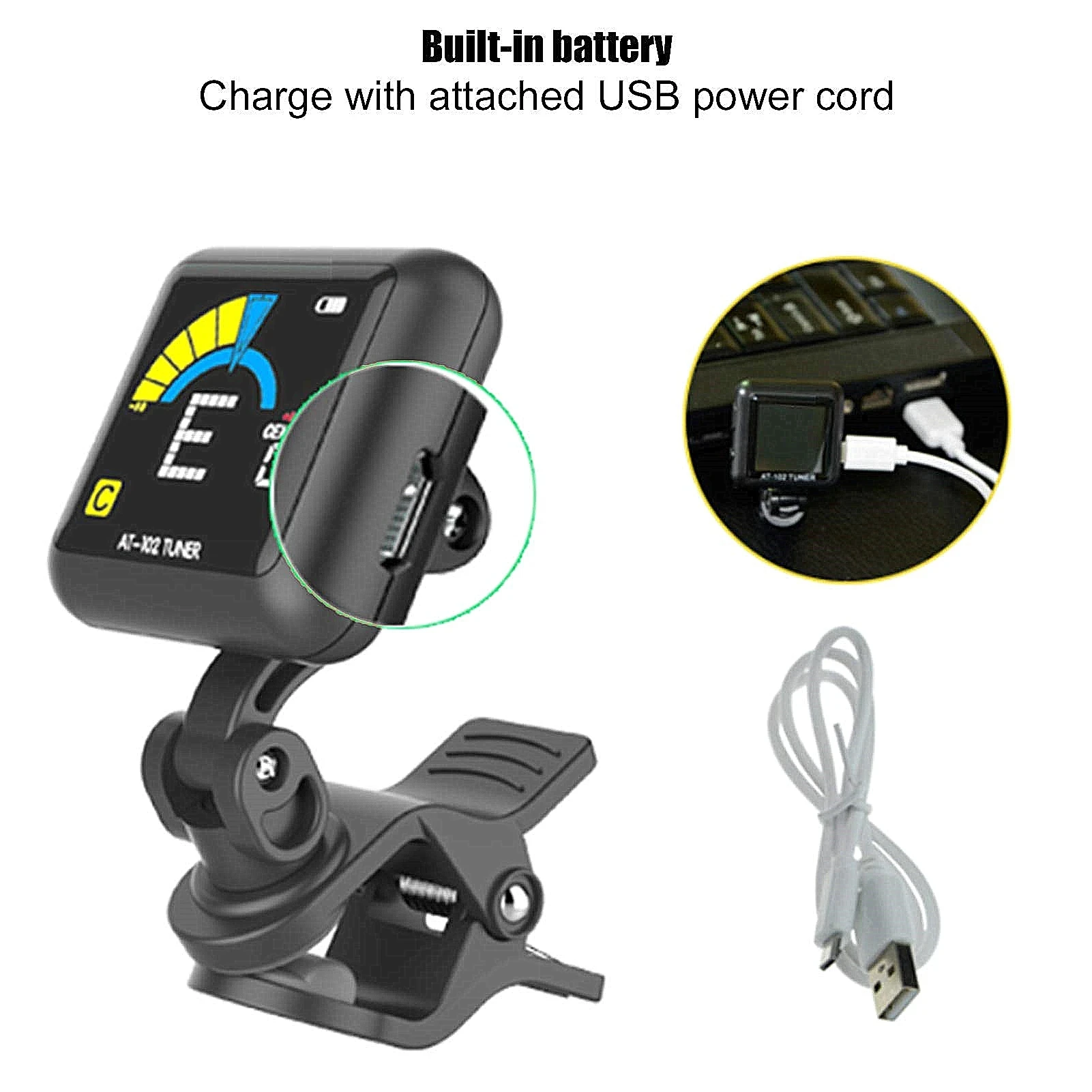Aroma-Sintonizador de guitarra para violín, dispositivo con batería integrada recargable por USB, color negro, 102