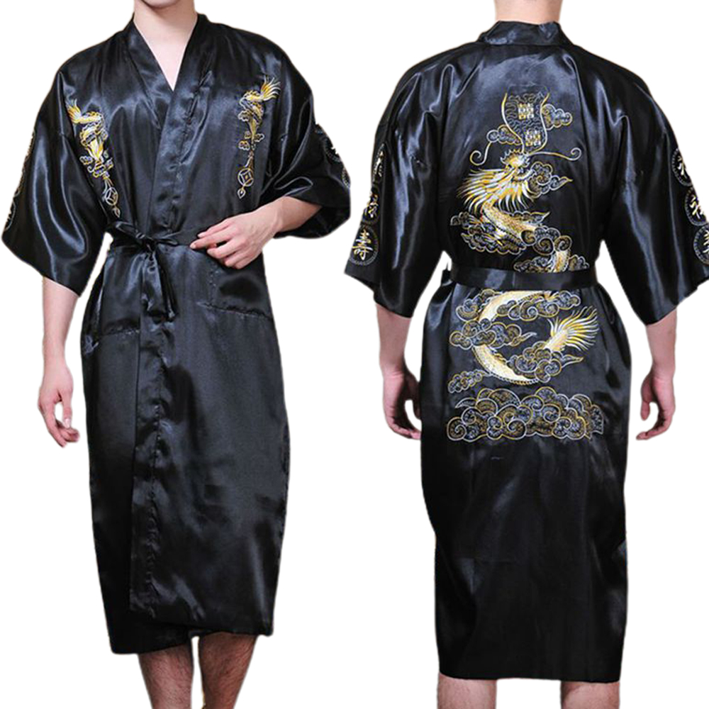 Männer Seide Satin Nachtwäsche Chinesischen Drachen Kimono Stickerei Bademantel Pyjamas Kleid Bad Robe Sommer Casual Intime Dessous