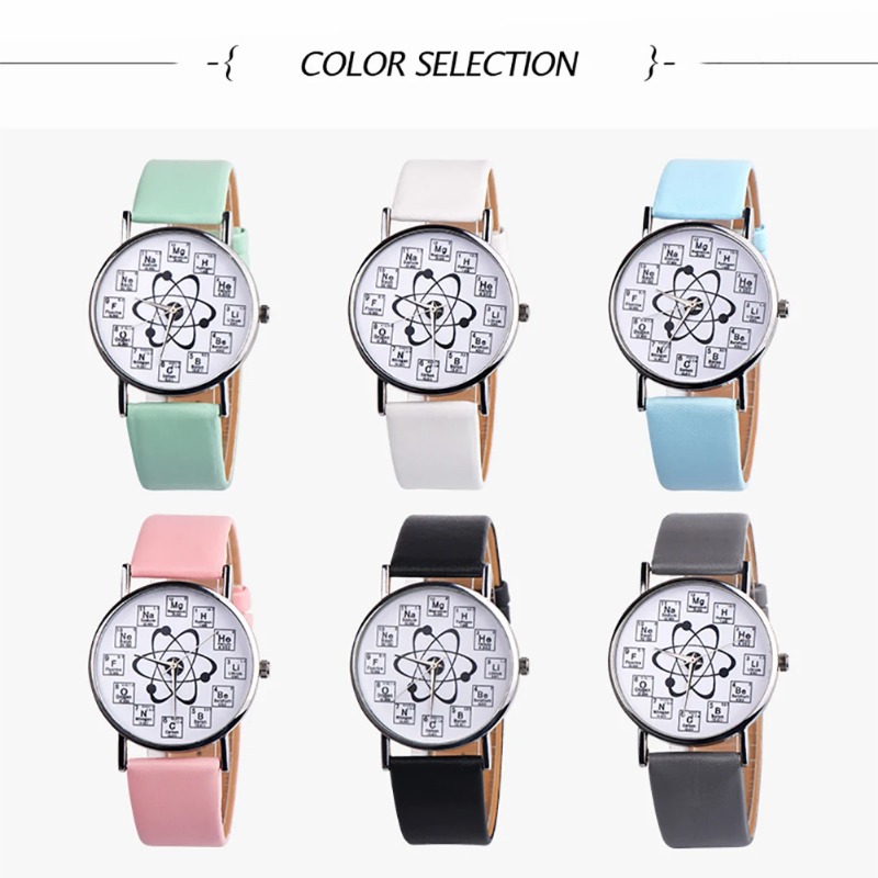 Couple Watches Creative Design Chemical Element Markers Molecule Pattern Watches Leather Band Quartz Wristwatch Watch Man