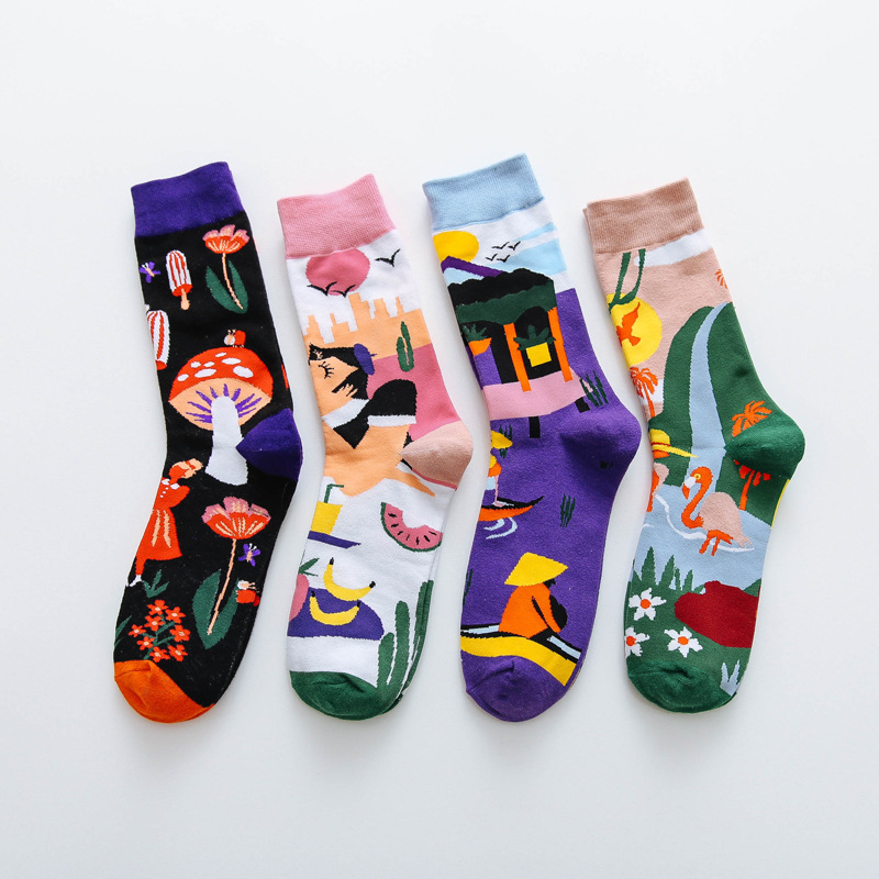 Calcetines con estampado colorido de moda occidental para Mujer con seta, Calcetines de primavera para Mujer, Calcetines de algodón para Mujer Meias 010202