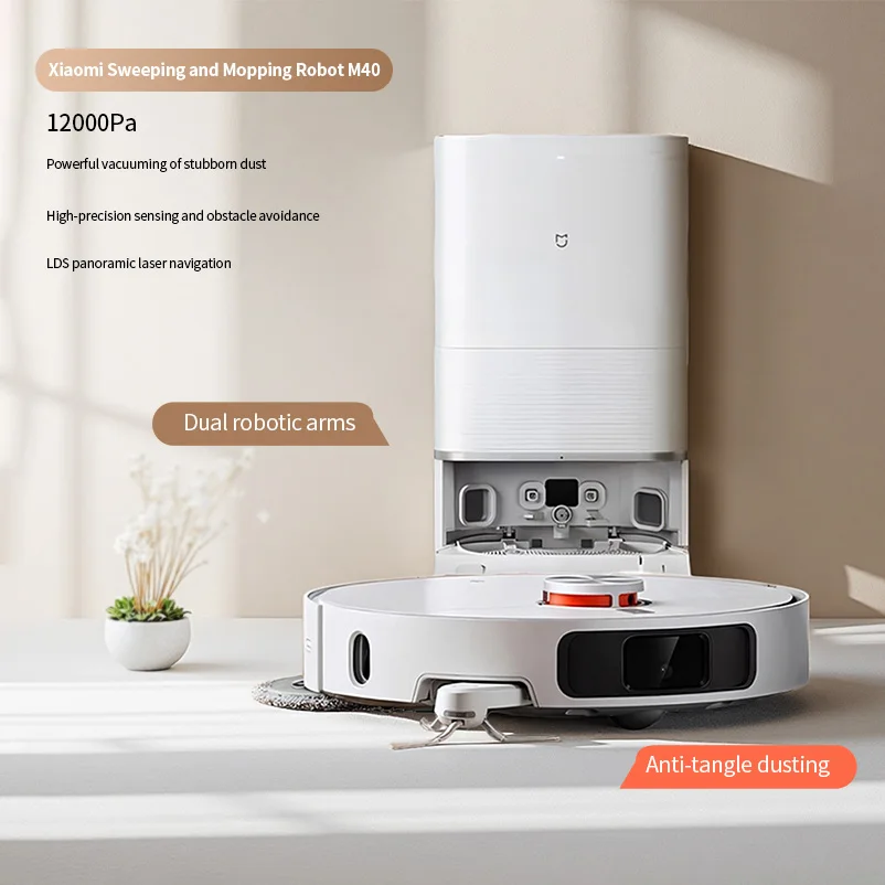 Aspiradora Robótica y Trapeador Xiaomi M40, Ultra Succión 12000Pa, 70 ℃   Autolimpieza de agua caliente, ideal para pisos de madera