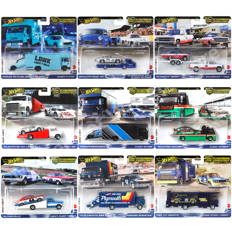 Equipo de Cultura de coches Hot Wheels Original, transporte Nissan Skyline Chevy mercedes-benz Renn Porsche 1/64, modelo de coche fundido a presión, juguete FLF56