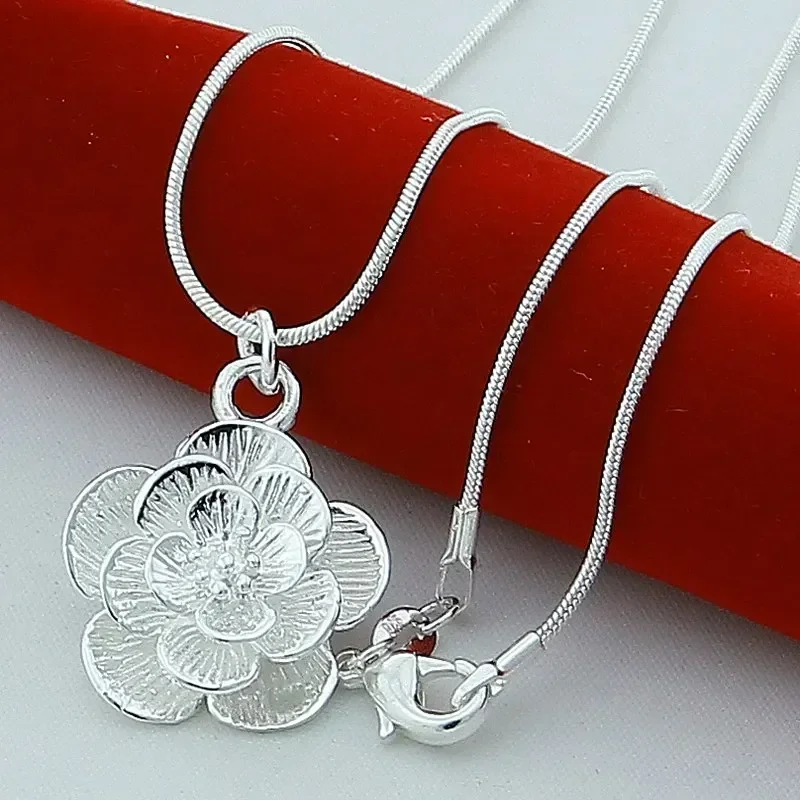 Silberne Farbe Rose Blume Anhänger Halskette 900-24/18/20 Zoll Schlangen kette für Frauen Hochzeit Verlobung Schmuck