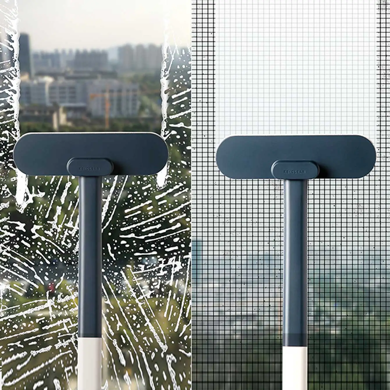 1 brosse de fenêtre multifonctionnelle à long manche, brosse de nettoyage à double usage humide et sec, brosse à verre, canapé, mur, poils d'animaux, nettoyage de tapis