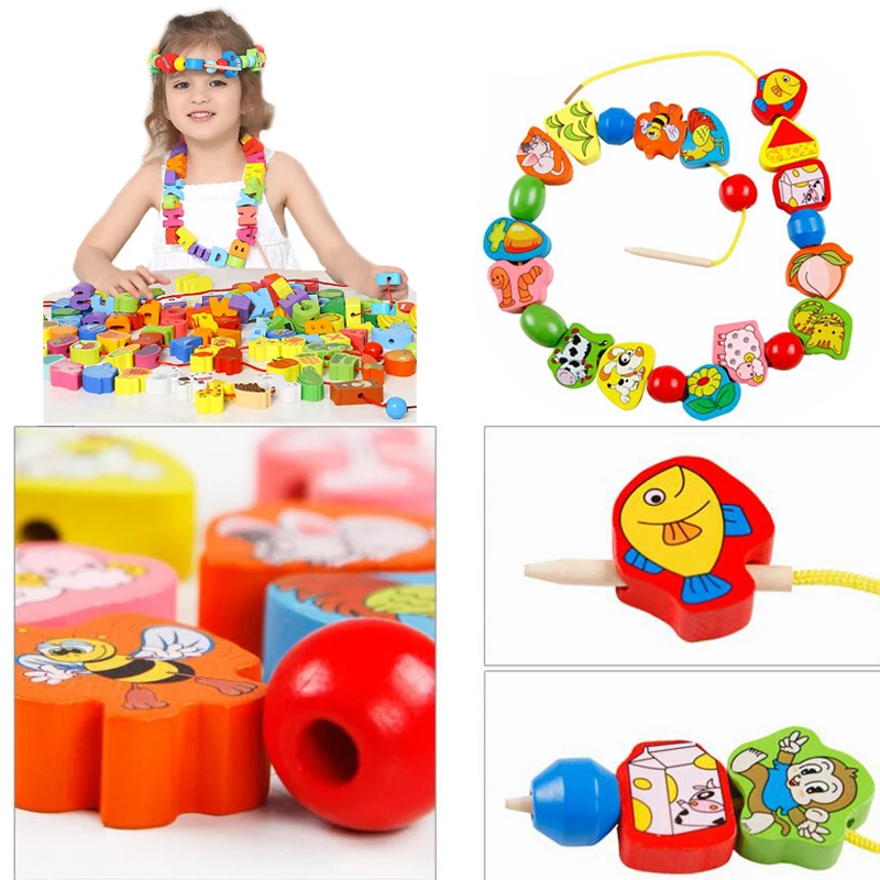 ของเล่นไม้เด็ก DIY ของเล่นการ์ตูนผลไม้สัตว์ Stringing Threading ลูกปัดไม้ของเล่น Montessori การศึกษาสําหรับเด็ก