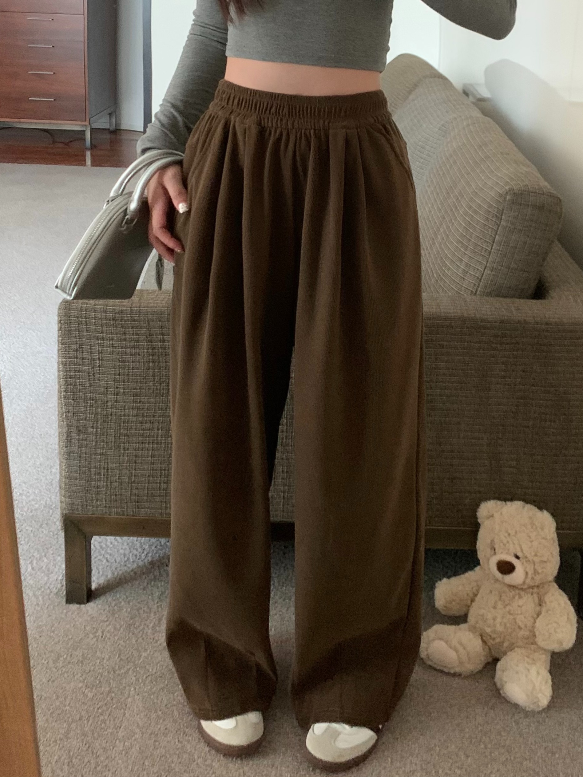 春 2025 ハイウエスト肥厚怠惰なスタイルセムバッハパンツドレープ折りストレートカジュアル床長さの長ズボン女性のための