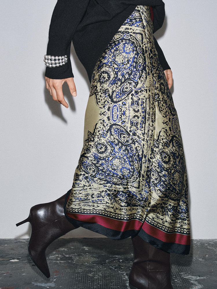 Saia Envolvente E com Estampa Paisley, Crimento Médio, Nova Chegada Outono 2025, Moda Fena Versátil, Estilo Étn...