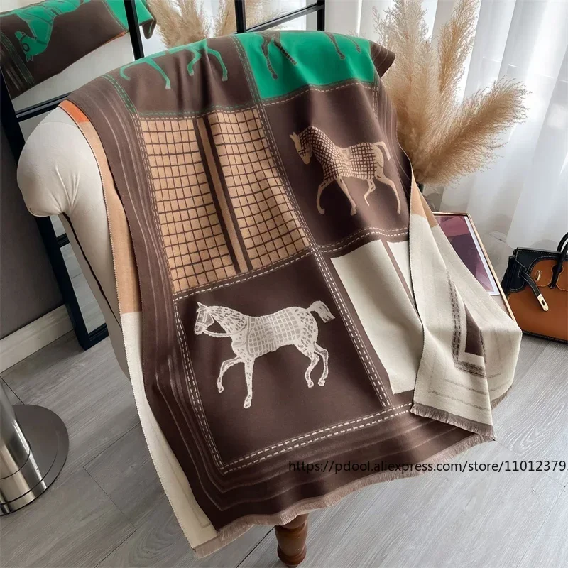 Poncho cálido de lujo de Cachemira para mujer, Bufanda con estampado de caballo, chal, manta de Pashmina gruesa para mujer, Bufanda de viaje 2024