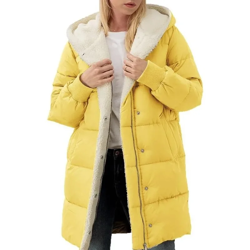ขนแกะ Parkas ผู้หญิงฤดูหนาวเสื้อโค้ท Hooded ผ้าฝ้ายเบาะเสื้อแขนยาวสองด้านกํามะหยี่ Slim-fit เสื้อสเวตเตอร์ถักเสื้อ