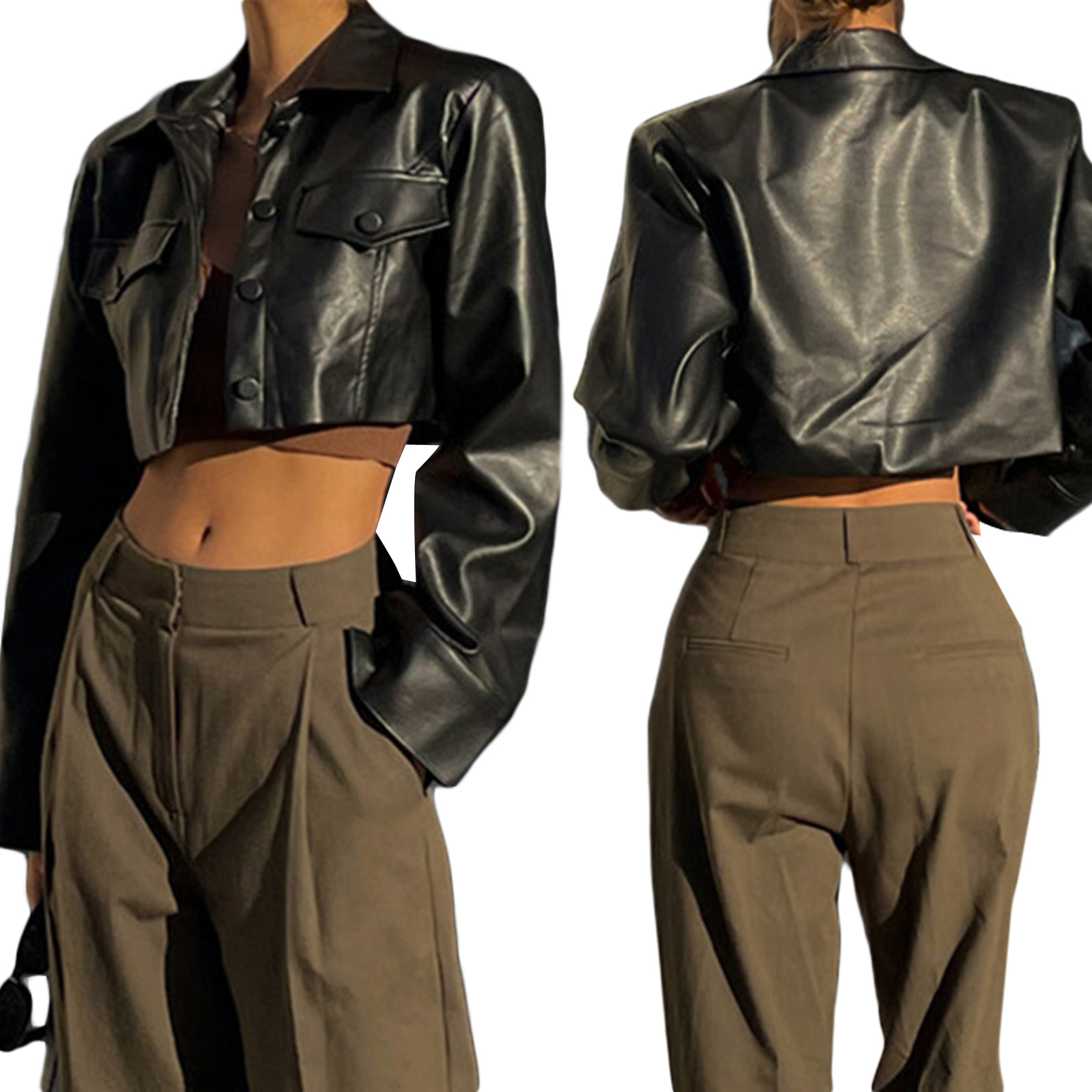 Damen High Street vielseitige kurze Lederjacke einfarbig lässig Langarm Knopf Jacke Herbst mantel