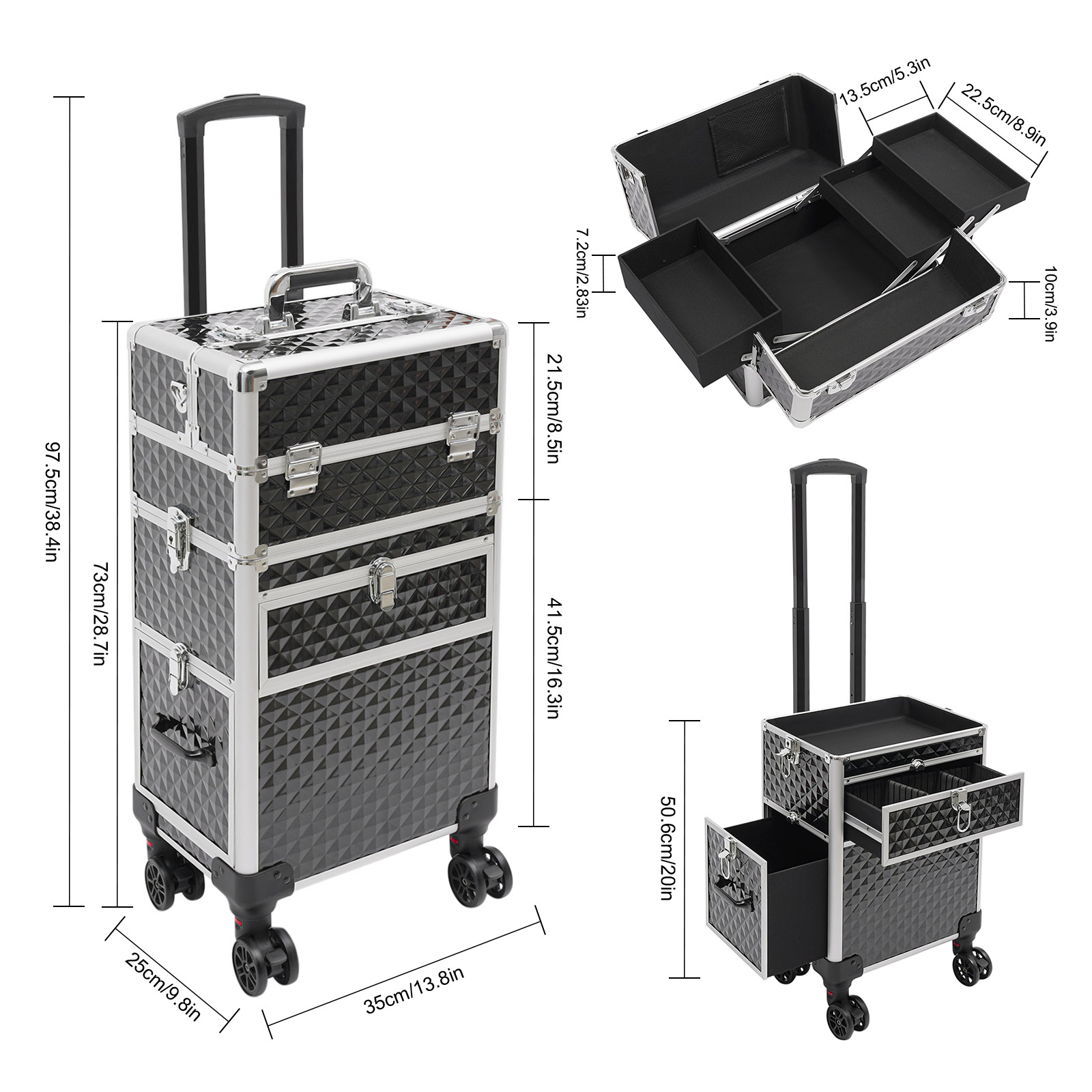 Rolling Makeup Case Professional Rolling Makeup Train Case Makeup Organizer with Shoulder Strap Large Storage Cosmetic Trolley