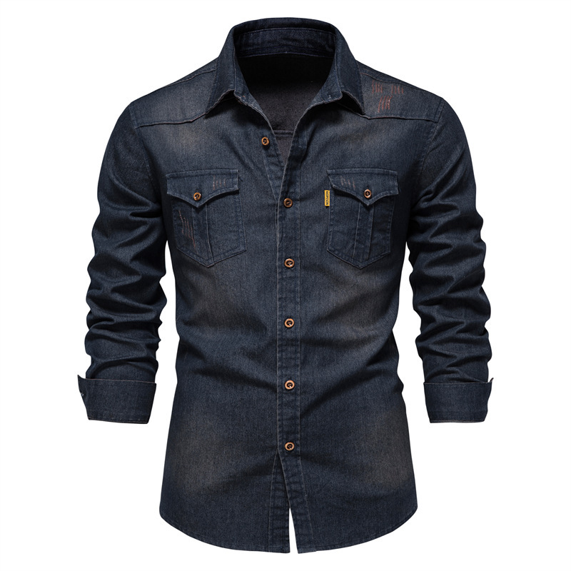 Camisas vaqueras de algodón a la moda de otoño para hombre, camisa vaquera informal de manga larga de calidad, camisas vaqueras elásticas ajustadas de Color sólido para hombre