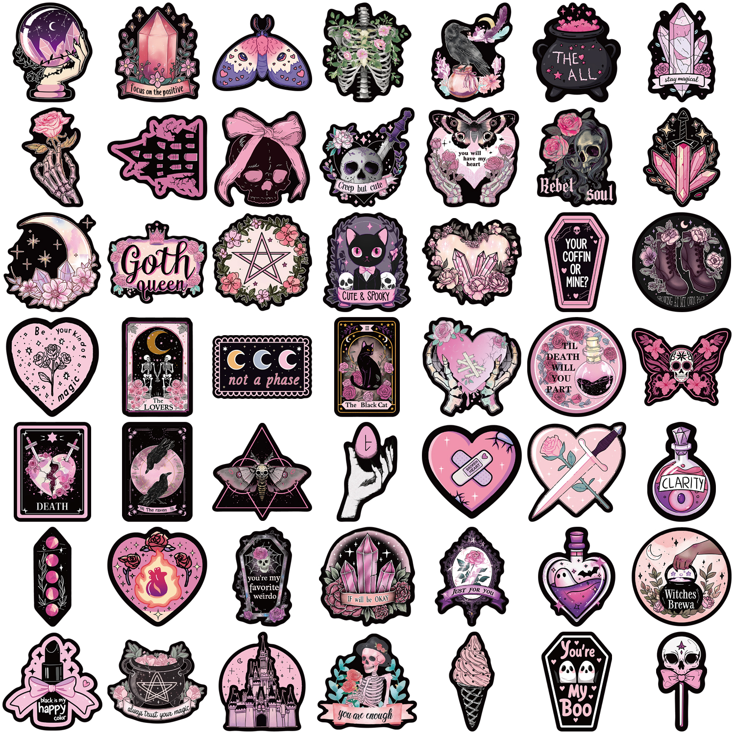 50 Uds. De pegatinas de grafiti de calavera gótica rosa fresco, pegatinas góticas de PVC impermeables para equipaje y álbum de recortes DIY