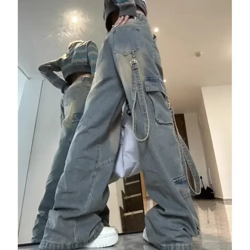 Weibliche Jeans, gespleißte Taschen, Cargohose, gewaschener Denim, hohe Taille, volle Länge, lockere, solide Basics, Patchwork, Distressed