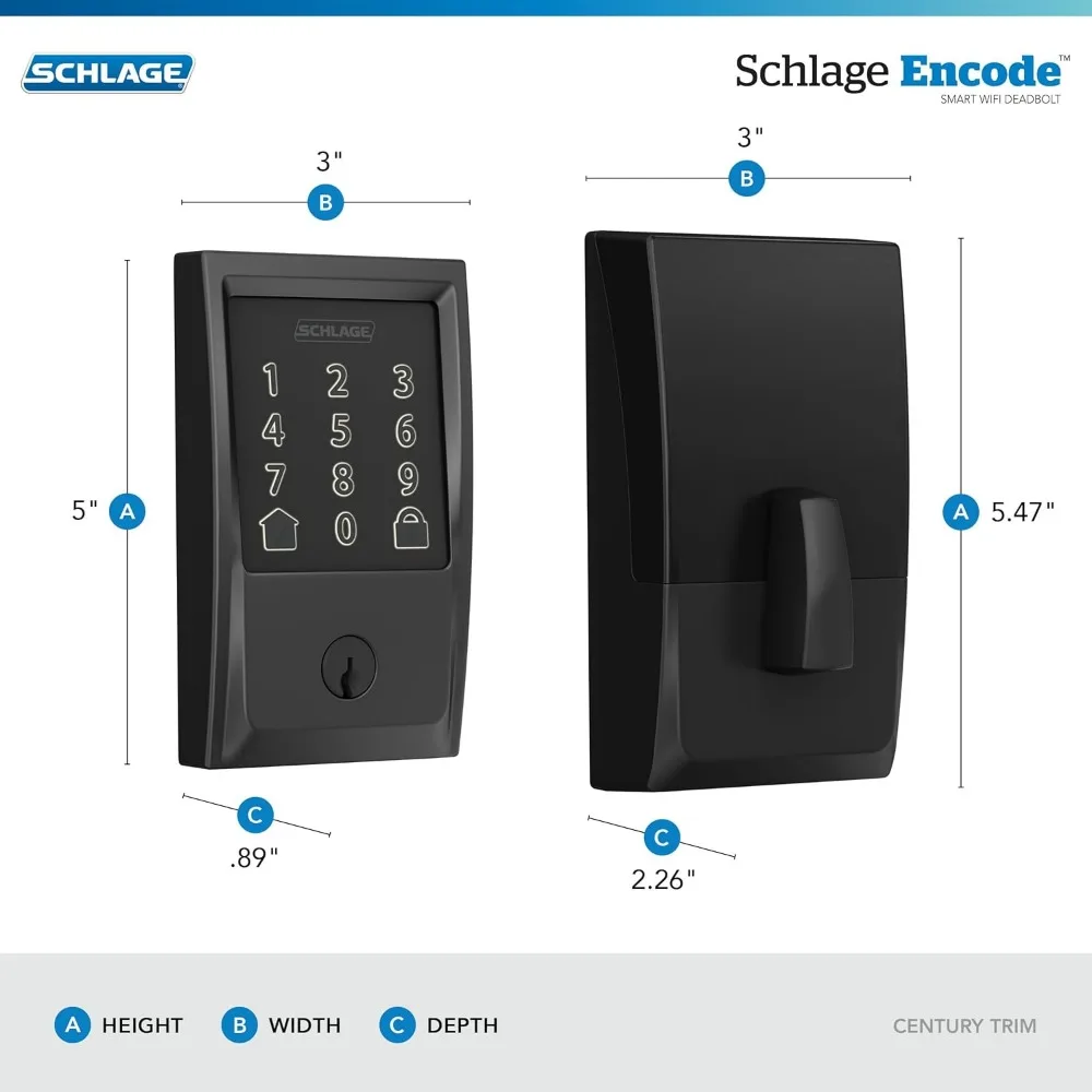 Smart Wi-Fi Deadbolt with Century Trim in Matte Black