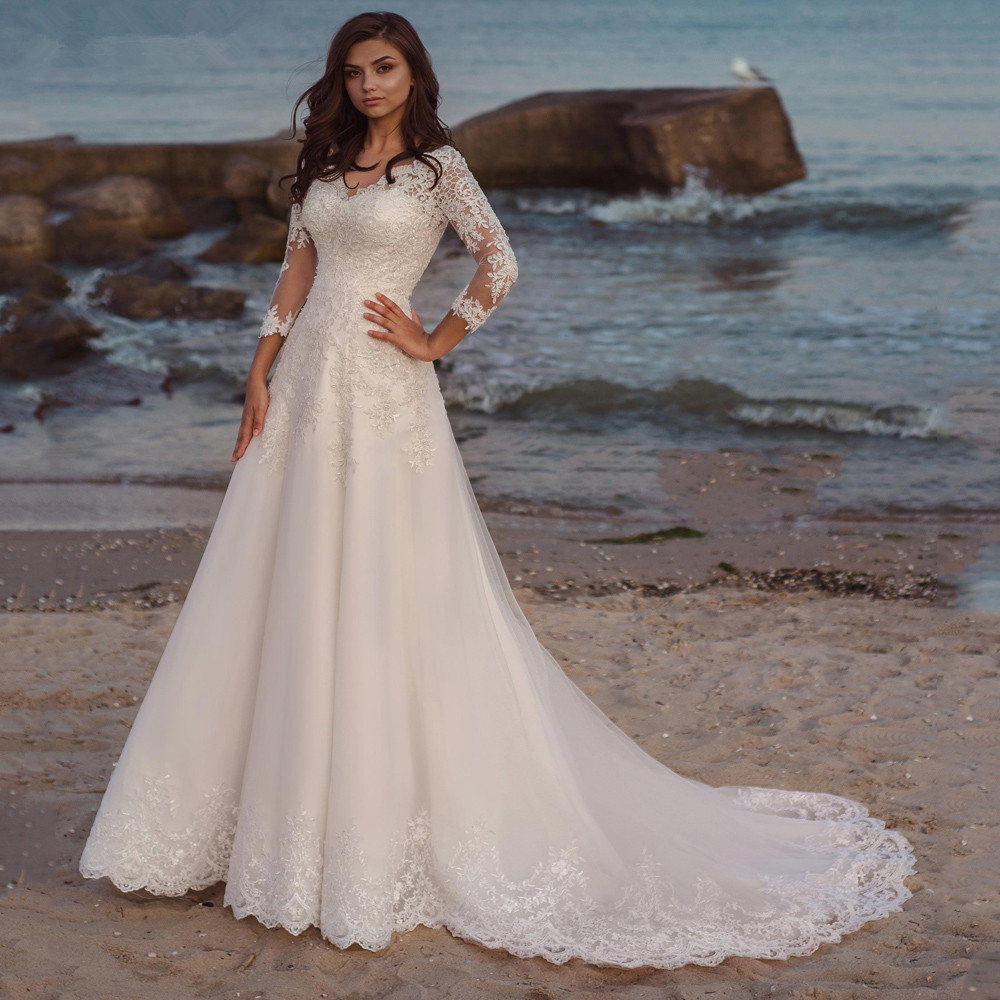 Abito da sposa lungo elegante maniche lunghe scollo a V applicazioni in pizzo una linea tulle Sweep Train da sposa per le donne Robe De Mariee Summer