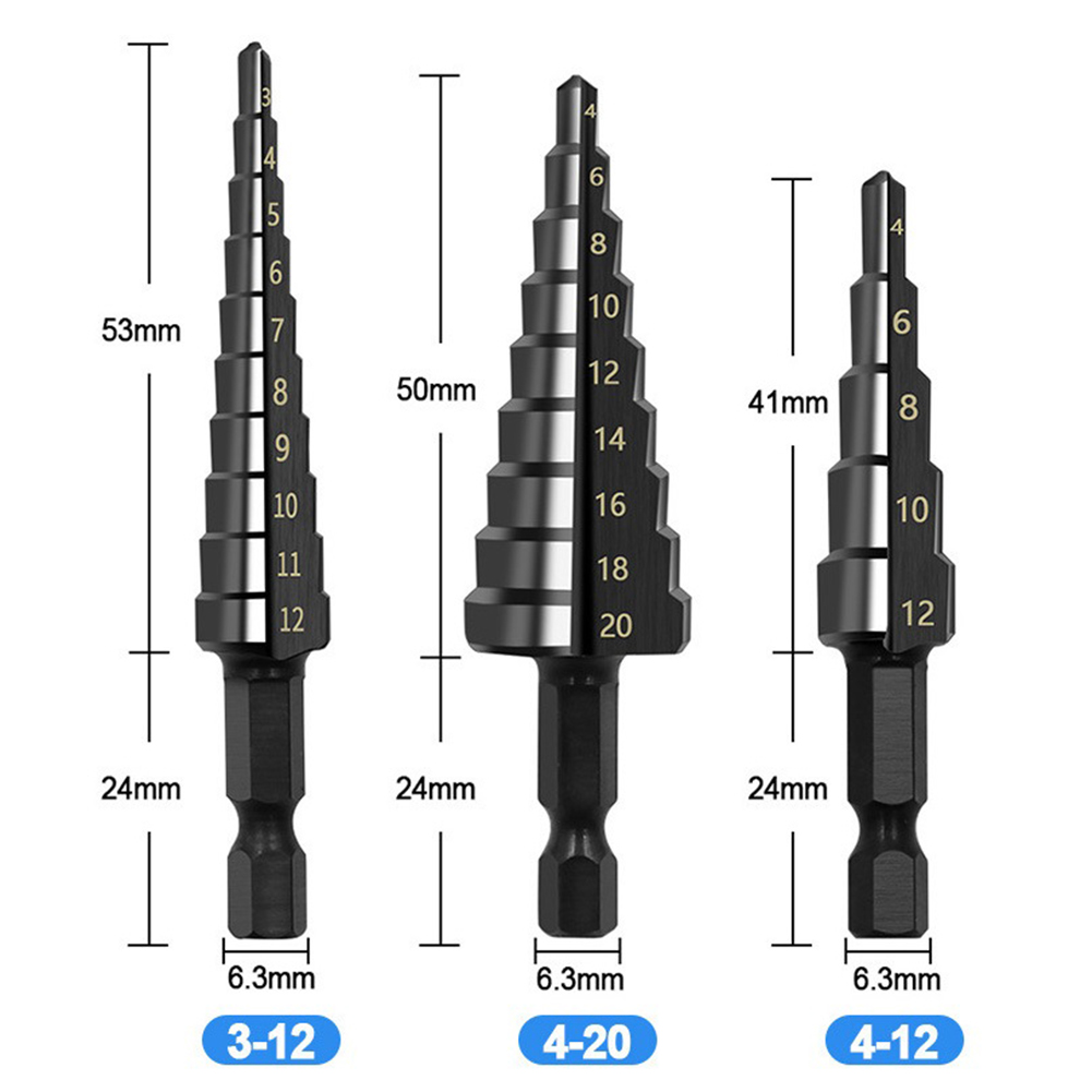 1pc Step Drill Bit Set HSS Steel Nitrogen Coated Spiral Grooved Drill Bits 3-12 4-12 4-20mm Hole Cutter Cone Fast Drill Bit