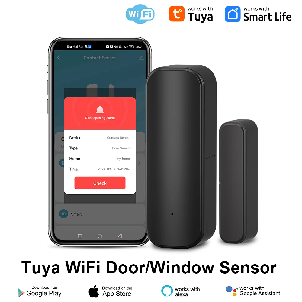 WiFi-deur open gesloten detectoren Tuya-raamsensor met app-melding Waarschuwing Contactsensor voor huisbeveiliging met zwarte kleur