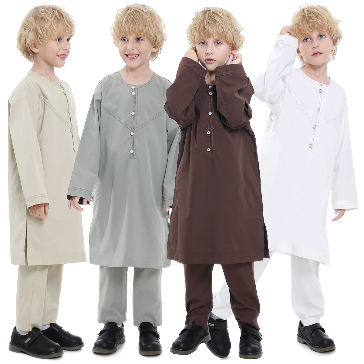 Muslimische Kinder Jubba Thobe Arab Boy Thobe Kinder Abaya Ramadan Kleid Hose Set 2 Stück Kaftan Robe Kaftan Musulman Ensembles