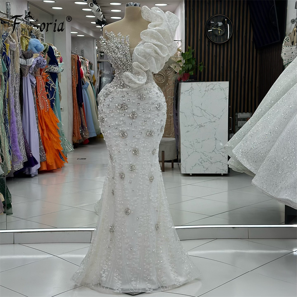 Luxury Ivory Arabic Beaded Mermaid Celebrity Party Dress Crystal Ruffles Evening Wedding Occasion Dresses Customized Long Gown