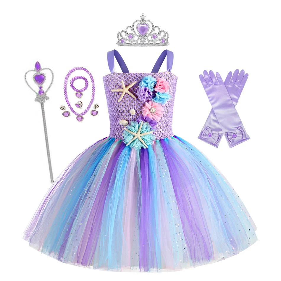 女の子マーメイドチュチュドレス海の下テーマ誕生日パーティーカーニバル衣装花ヘッドバンドオーシャンハロウィンドレス 1-12Y