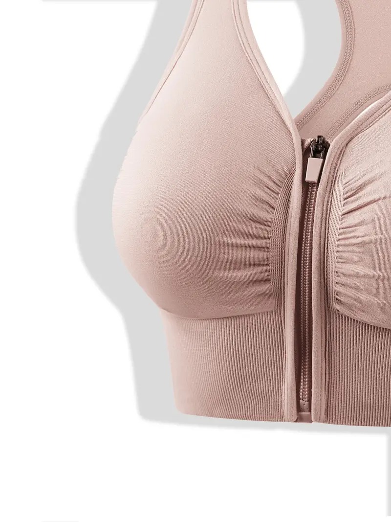 Sujetador deportivo de talla grande de 1 pieza, sujetador de fitness a prueba de golpes con cremallera frontal y espalda cruzada para mujer