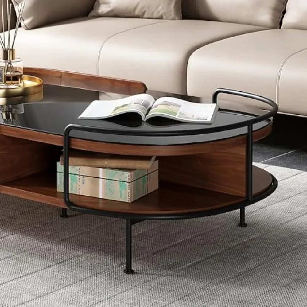Couchtisch, ovaler Tischplatte aus schwarzem Walnussholz, halbrunder Stauraum im Wohnzimmer, geeignet für Wohnzimmer-Couchtisch