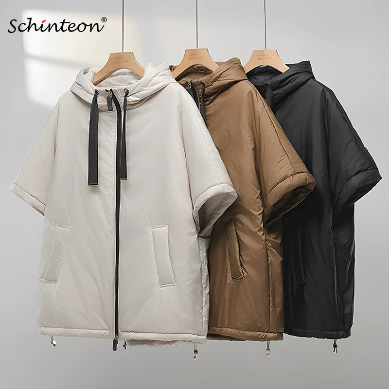 Schinteon Kamel-Daunen-Cape-Weste für Damen mit Kapuze, lockere ärmellose Weste, solide, modische Herbst-Winter-Jacke, 2025, neu