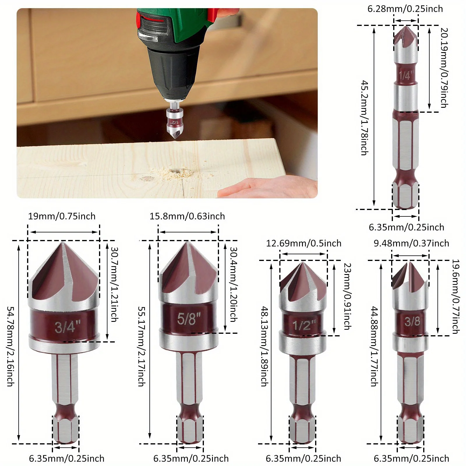 5 ขลุ่ยโลหะ M35 โคบอลต์ Countersink เจาะ ชุด Bit 82 °   5 ชิ้น 1/4 "Hex Shank Countersunk ชุด Bit 1/4" 3/8 "1/2" 5/8 พร้อมตัวยึด