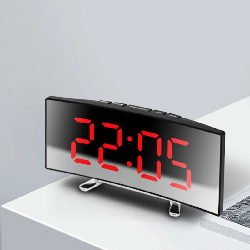 Creative Curved นาฬิกาอิเล็กทรอนิกส์ LED กระจกขนาดใหญ่นาฬิกาปลุกเงียบสมาร์ทเดสก์ท็อปนาฬิกาห้องนั่งเล่นนาฬิกากระจก