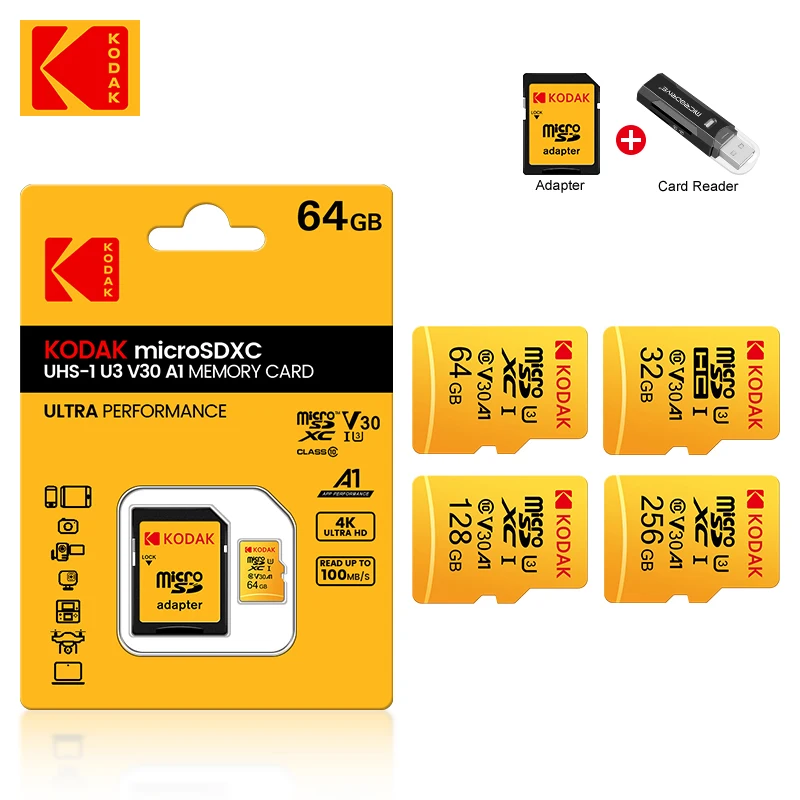 KODAK Micro SD-Speicherkarte 512 GB 256 GB bis zu 90 MB/s Class10 U3 32 GB 64 GB 128 GB TF-Karte 4K HD für USB-Kartenleser-Adapter Microsd