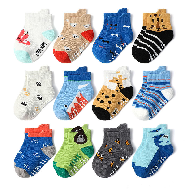 6 paia di calzini per bambini Calzini da pavimento antiscivolo in cotone con motivo animale dei cartoni animati per ragazzi e bambini per tutte le stagioni