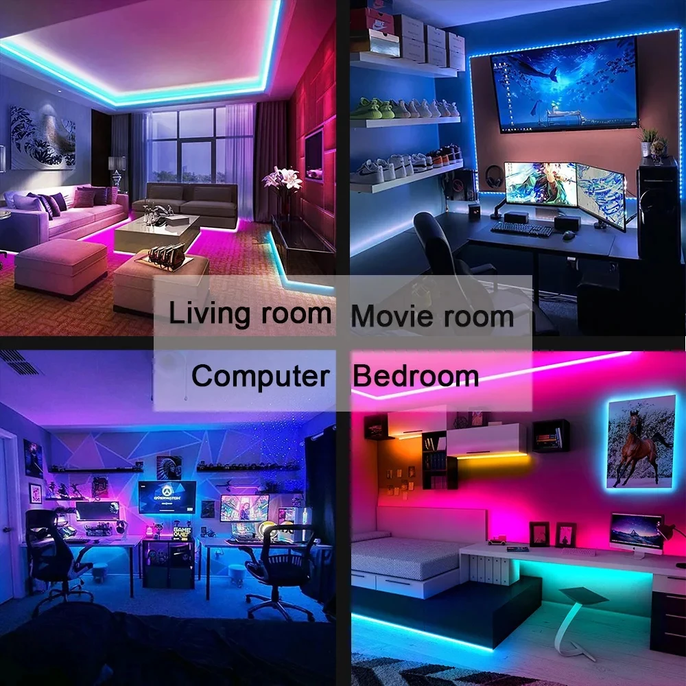 ไฟ LED RGB 5050 แบบยืดหยุ่นสำหรับติดผนัง ควบคุมผ่านแอพ Bluetooth ซิงค์เพลง รีโมท ใช้เป็นไฟแบ็คไลท์ทีวี ตกแต่งห้องนอน งานปาร์ตี้ หรือบ้าน