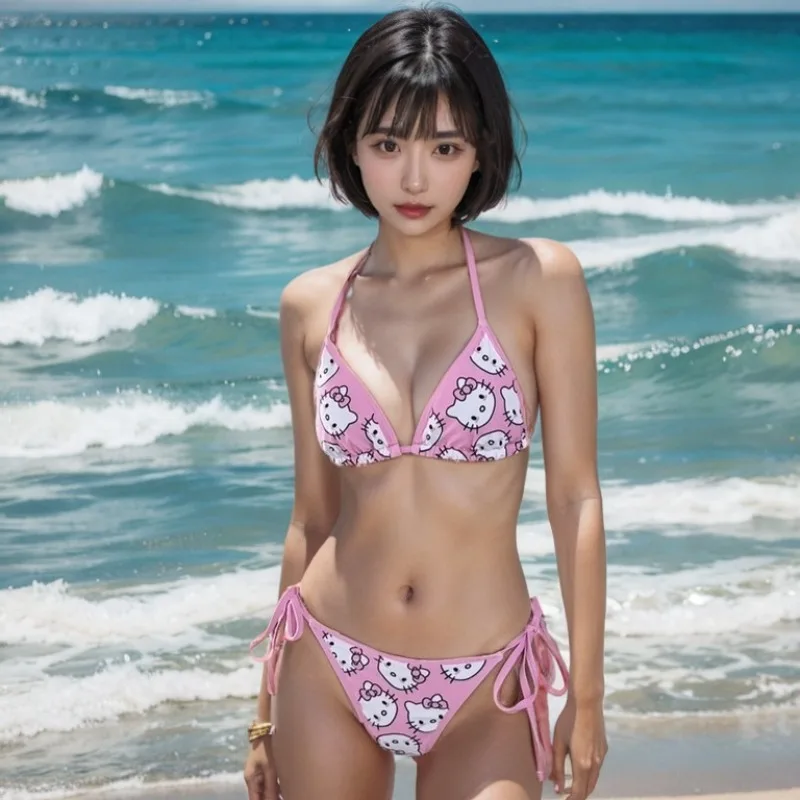 女性のためのセクシーなキティプリント水着,かわいいビーチウェア,休暇中の伸縮性のあるスリップ,ランジェリー,2022