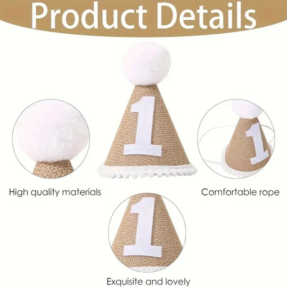 1pc 헤센 생일 모자, 아기의 첫 번째 생일 파티 리넨 펠트 모자, 1 세 샤워 모자, 파티 생일 머리띠 장식
