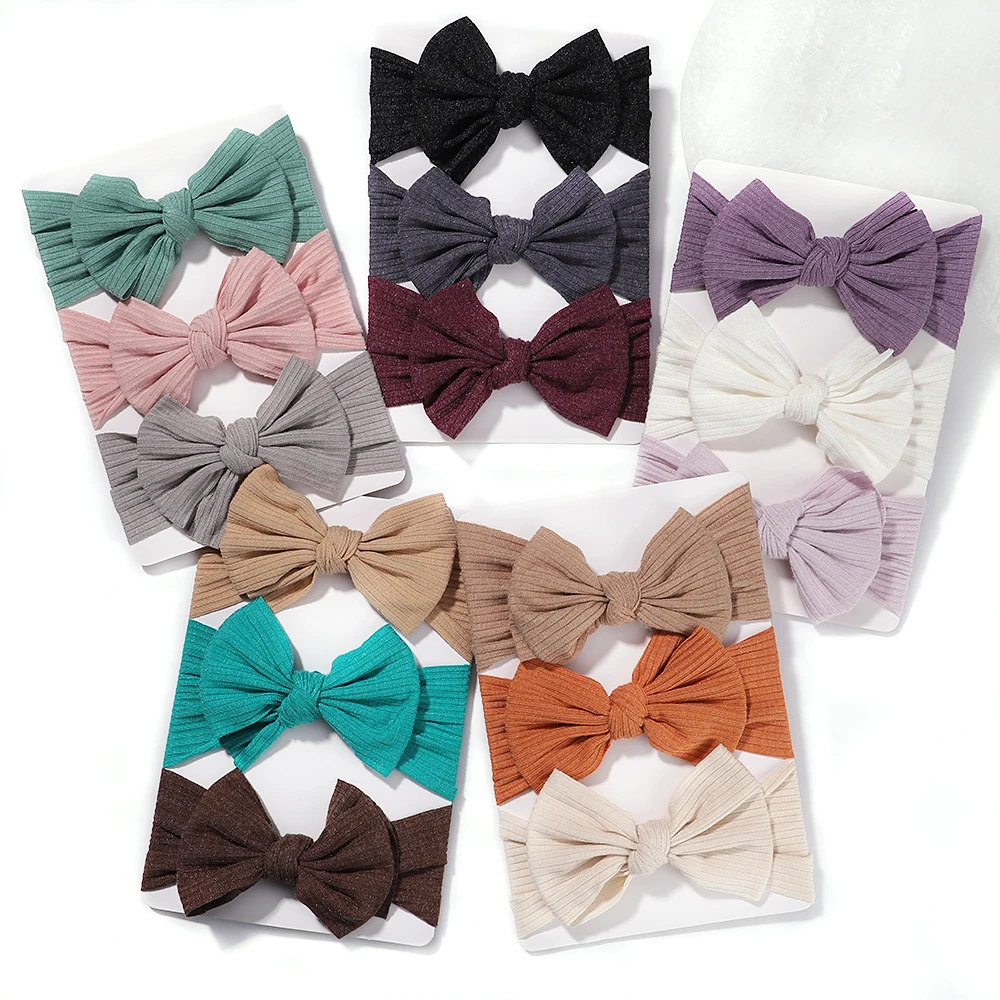 3 unids/set de diademas para bebé recién nacido, conjunto de bandas para el pelo con lazo de Color sólido, gorros infantiles de punto suave, turbante elástico, accesorios para el cabello de bebé