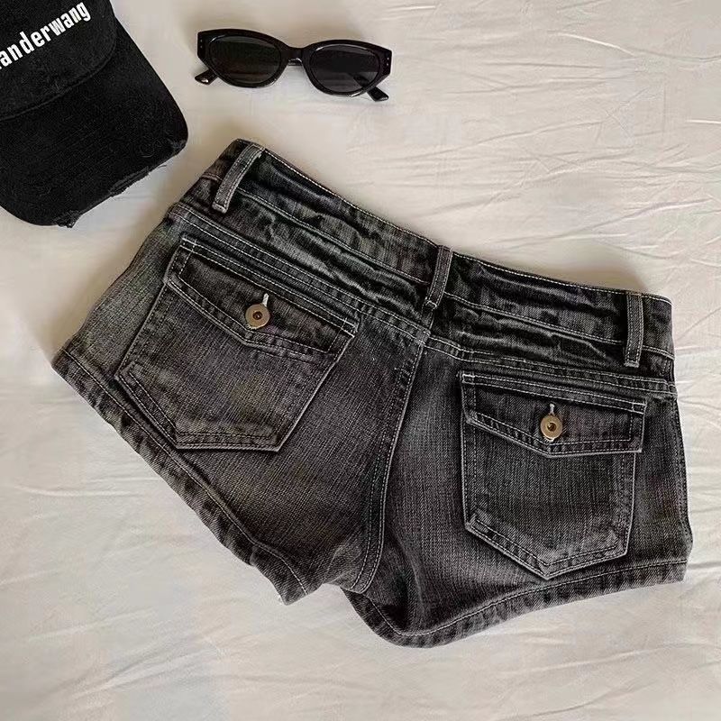 Short en jean Vintage pour femmes, noir, gris, délavé, taille basse, élastique, slim, chaud, été